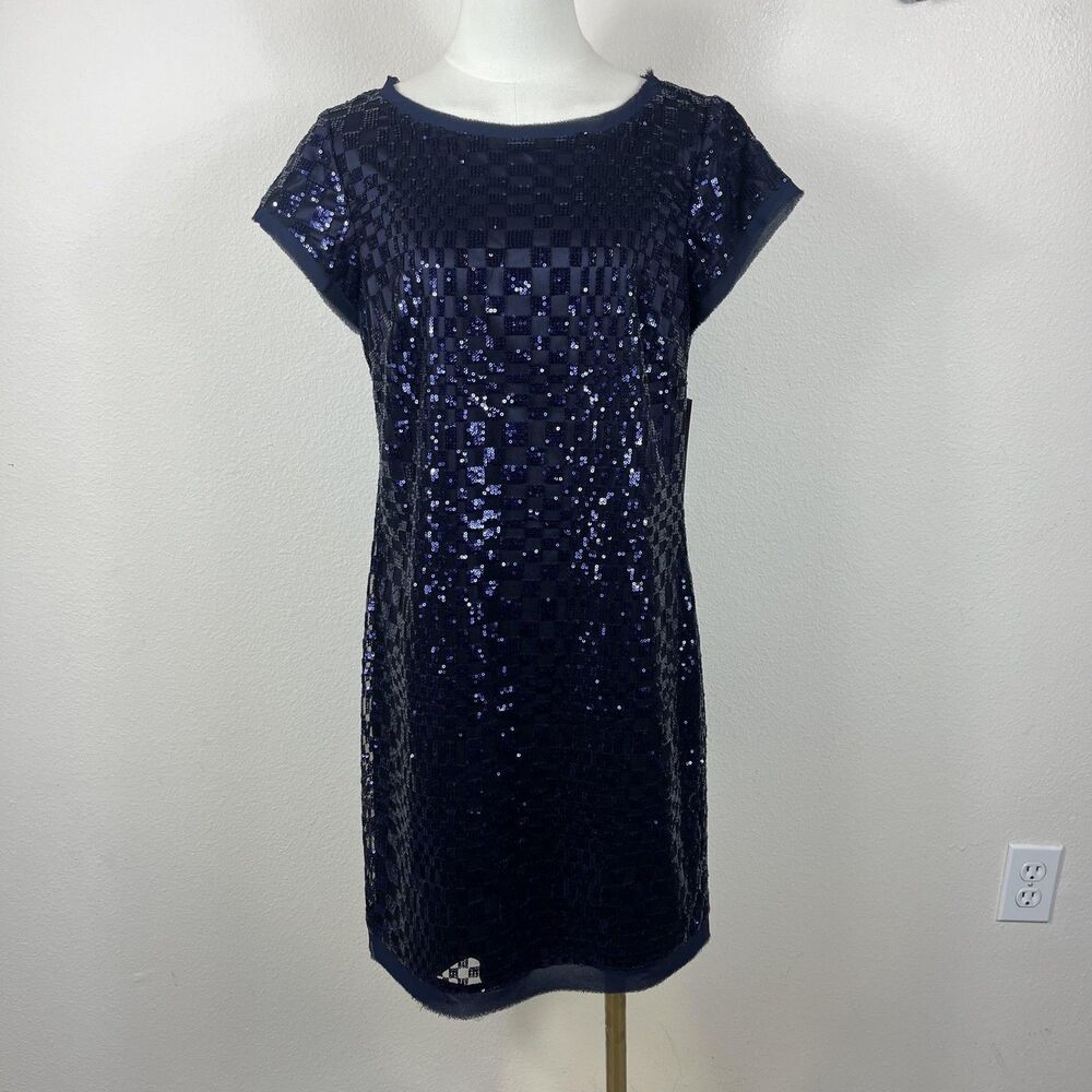 Eliza J Dress Womens 10 Blue Sequin Geometric Shift Mini Party Wedding Cocktail